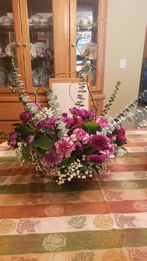 Thanksgiving Bunny Centerpiece Cardation Salal Mum Gyp Italian Ruscus Eucalyptus Curly Willow Honeycrisp Apple DAnjou Pear